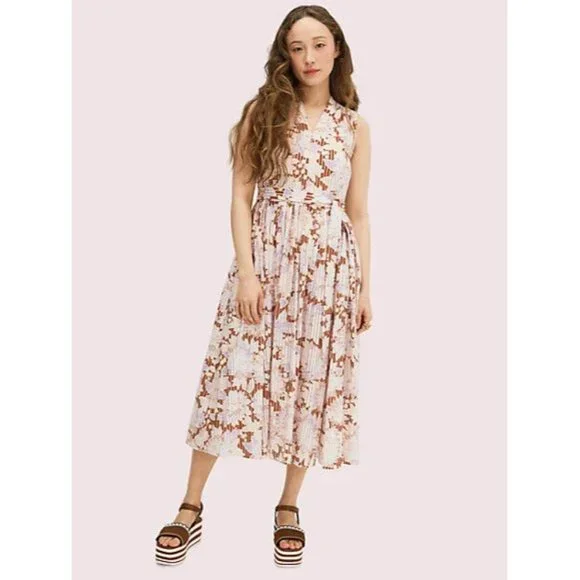 Kate Spade Dress Floral Print Exotic Bloom Burnout V Neck Sleeveless Midi - Picture 2 of 12